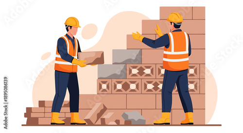 Construction workers building a brick wall together on a site.