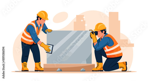 Construction workers installing large glass panel with safety gear.