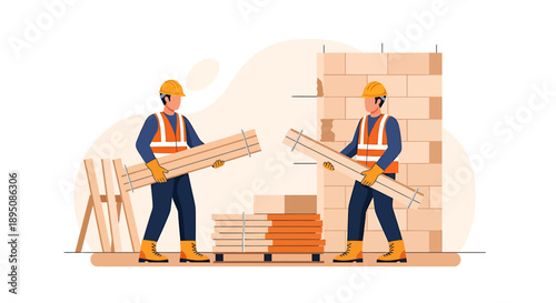 Two construction workers carrying building materials on a site.