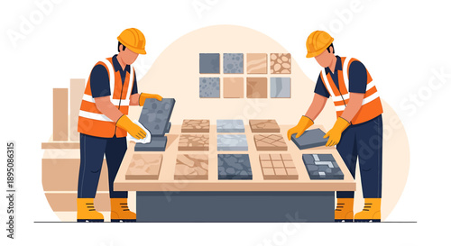 Two construction workers examining tile samples in a showroom.