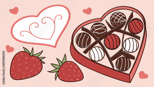 Valentine's Day Chocolates and Strawberries. Decorative Vector Illustration.