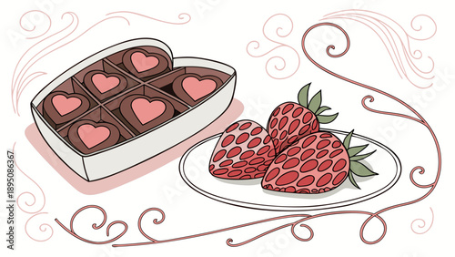 Valentine's Day Chocolates and Strawberries. Decorative Vector Illustration.
