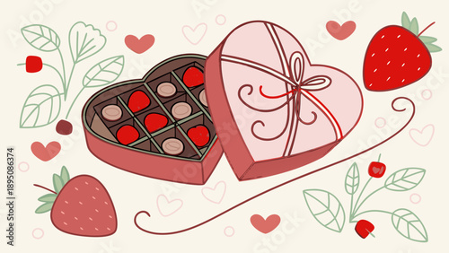 Valentine's Day Chocolates and Strawberries. Decorative Vector Illustration.