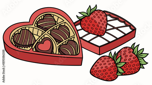 Valentine's Day Chocolates and Strawberries. Decorative Vector Illustration.