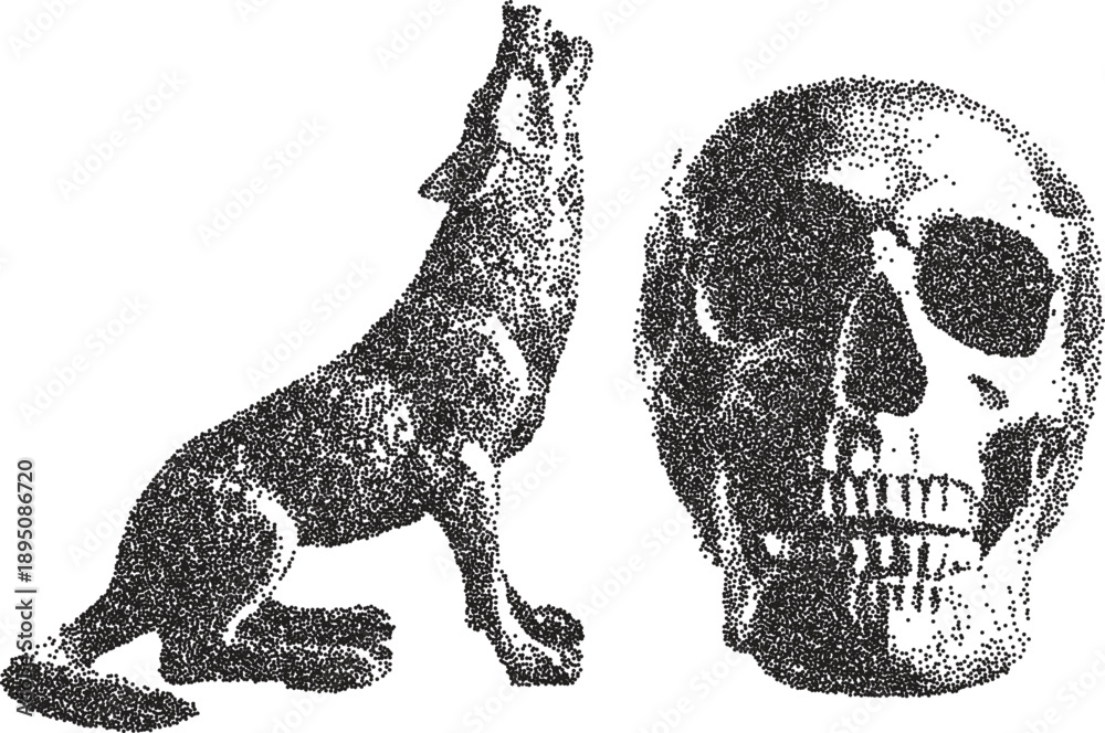 Obraz premium Skull retro y2k stipple design skeleton halftone brutalist urban vector png with clear background, bone 2000s photocopy grunge tattoo gen z effect