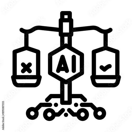 Ai icon of scales of justice with ai emblem balancing right and wrong, symbolizing ethical decision making, regulation, fairness, bias, governance and responsible technology practices