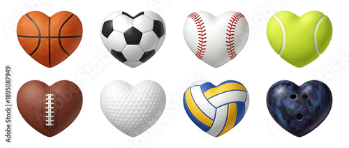 Heart shaped sports ball collection on transparent background including basketball soccer baseball tennis football golf volleyball bowling for fitness lovers and athletic designs