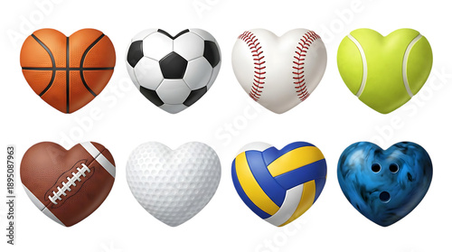 Valentine sports balls in heart shapes featuring basketball soccer baseball tennis american football golf volleyball and bowling balls isolated on transparent background for design
