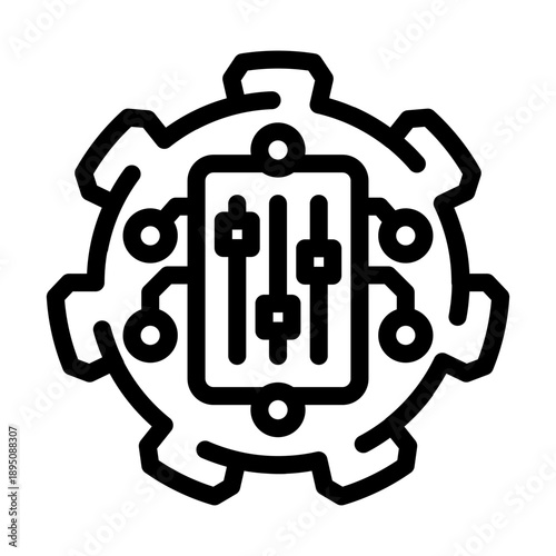 Gear icon features an internal circuit board with slider controls, symbolizing mechanical automation, digital optimization, and advanced technological configuration for efficient processes