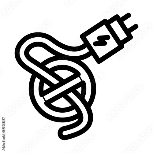 Tangled electrical power cable with a connected plug, creating a complex knot, illustrating concepts of disorganization, complication, and connection issues in a simple outline style