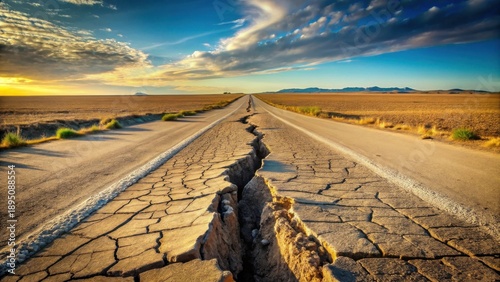 A sun-drenched asphalt road reveals a significant crack, stretching from the horizon towards the viewer, amidst a vast, dry landscape under a vibrant sky.