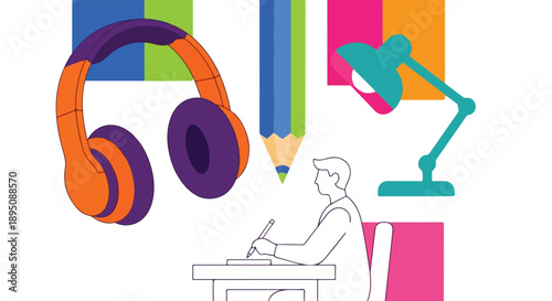 Creative process illustration: person writing at desk with headphones, pencil, and desk lamp, symbolizing ideas and work