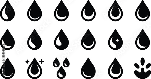 Cartoon icon set of twenty stylized water droplet silhouettes with varied shapes, sparkles, and fluid design elements.
