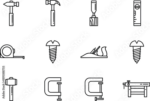 A comprehensive set of line art icons featuring essential tools for carpentry and construction projects