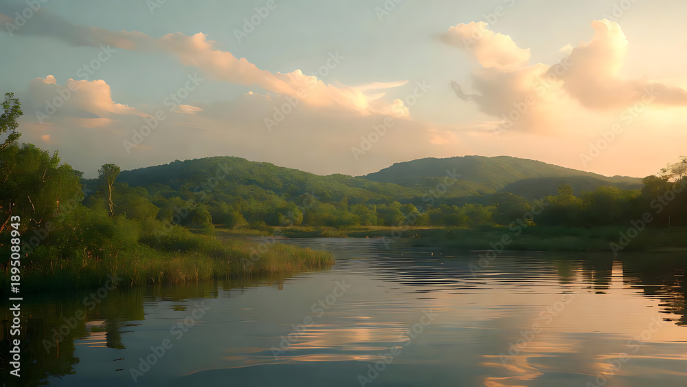 Obraz premium Serene lake surrounded by lush green mountains and trees at sunset