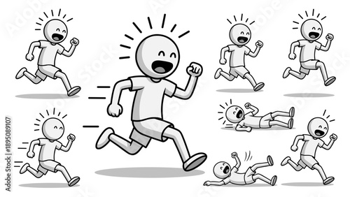 Funny runner vector set showing a clumsy cartoon character tripping and falling down, sprinting with speed lines, and energetic jogging poses for humorous design or safety concepts.