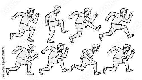 Funny runner vector sprite sheet featuring a young man in t-shirt and shorts running in a continuous loop animation sequence, side view jogging motion frames for game development.