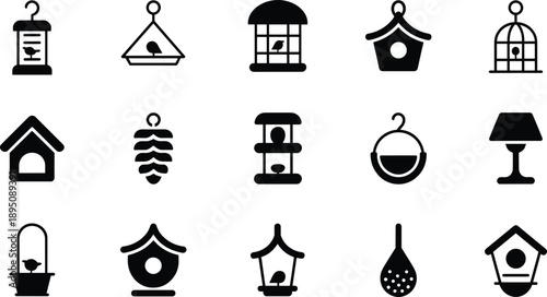 Cartoon silhouette icon set of birdhouses, feeders, and cages with birds in various designs and decorative styles.