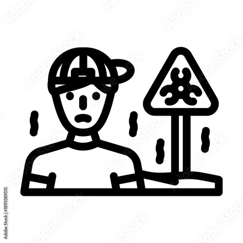 Person stands beside a biohazard warning sign, appearing sick and distressed from possible exposure to contaminated biological waste or infectious agent, health risk scenario