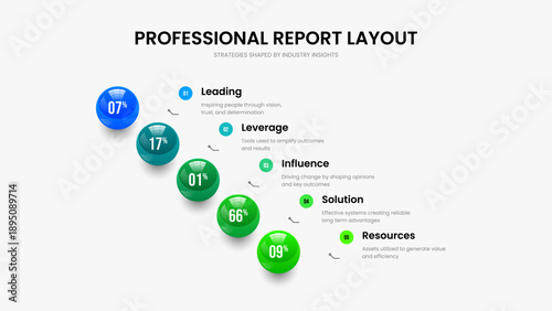 Investor Development Five Option Diagram Slide Layout. Visual Overview 5 Element Graph Presentation Template. Professional Plan Frame Design Vector Illustration.