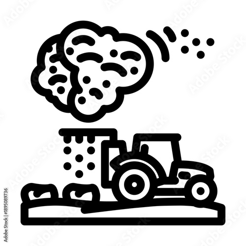 Tractor plows a large field creating clouds of dust and emissions, symbolizing environmental impact and agricultural pollution from intensive farming practices