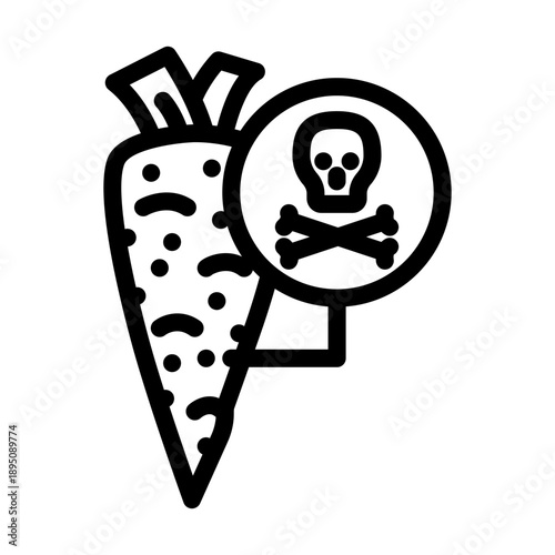 Carrot vegetable line icon displaying a skull and crossbones symbol, illustrating a concept of toxic ingredients, food poisoning, or harmful agricultural practices