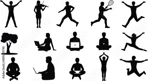 Cartoon silhouette icon set of diverse human activities including sports, meditation, laptop work, music, and expressive motion poses.