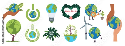 Earth Day. Protect environment, save the planet. World illustration, environmental banner. Ecology of recycling, renewable energy. Forest globe. ECO nature map cartoon flat style isolated set
