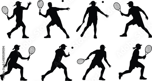 Cartoon silhouette icon set of eight tennis players in dynamic action poses with rackets and balls for sports themes.