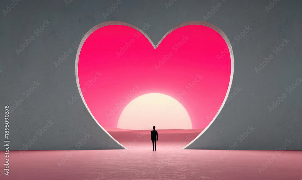 Fototapeta premium Man Silhouette Standing Before Heart Shaped Opening With Pink Light And Sunset Conceptual Image For Love Romance And Valentine's