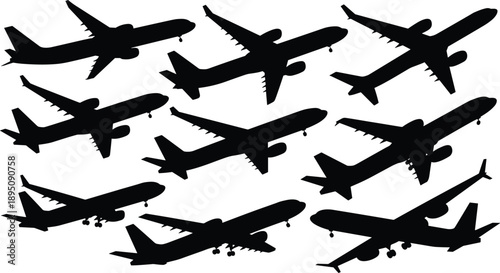 Cartoon silhouette icon set of nine commercial airplanes in top-down view showing varied wing, fuselage, and tail designs.
