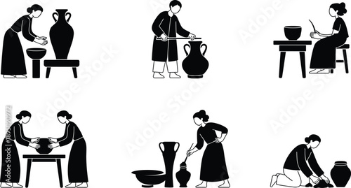 Cartoon silhouette icon set of pottery-making scenes with individuals shaping, carving, decorating, and collaborating on ceramic vessels.