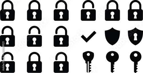 Cartoon silhouette icon set of security symbols including padlocks, keys, shields, and checkmark for access and protection themes.