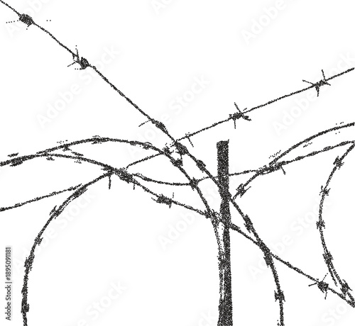 Wire barbed vintage y2k stipple art, steel halftone stipple brutalist retro vector png with transparent background, razor 2000s aesthetic photocopy effect tattoo