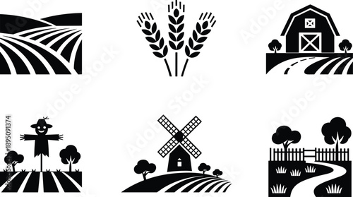 Cartoon silhouette icon set of six rural farming scenes including barn, wheat, scarecrow, windmill, and agricultural landscape.