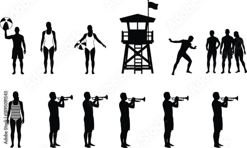 Beach activity silhouette collection featuring lifeguard tower, swimmers, musicians, and people in summer leisure poses isolated on white background design use