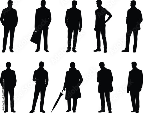 Cartoon silhouette icon set of ten men in business attire with briefcases, umbrellas, and varied professional poses.