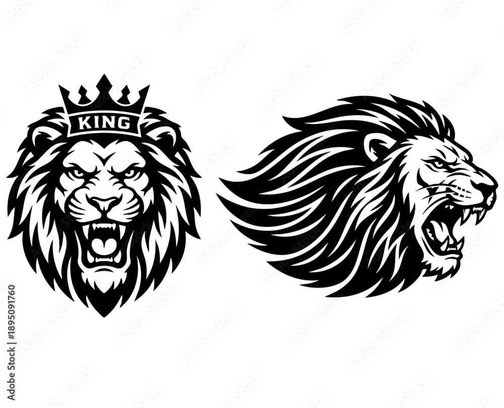 Obraz premium Black and white illustration of a roaring lion head, Detailed Lion Head Illustration in Black and White, a lion head roaring with its mouth open in a simple look a logo silhouette vector illustration
