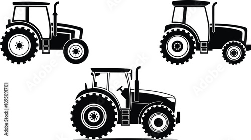 Cartoon silhouette icon set of tractors in side profile view with large rear wheels and varied cabin and exhaust designs.