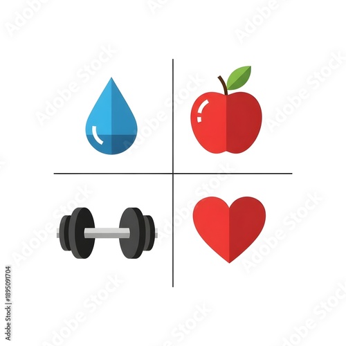 A graphic illustration of healthy lifestyle choices including water, fruit, exercise, and heart health