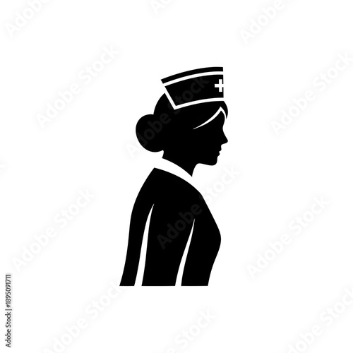 A silhouette of a nurse in profile against a white background