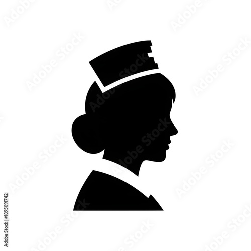 A black silhouette of a nurse's profile against a white background