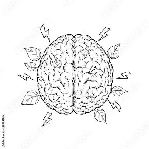 A detailed illustration of a brain with lightning bolts and leaves