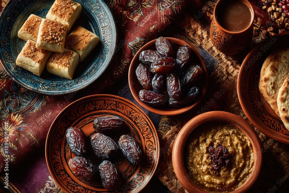 Fototapeta premium Iftar table spread with traditional foods, ready for breaking fast