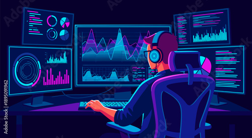 Futuristic data analyst working on multiple computer screens with glowing charts and graphs, vector illustration