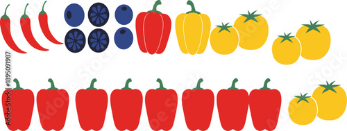 Colorful flat vegetable and fruit set with peppers, chili, blueberries, and tomatoes, modern minimal vector illustration icons collection