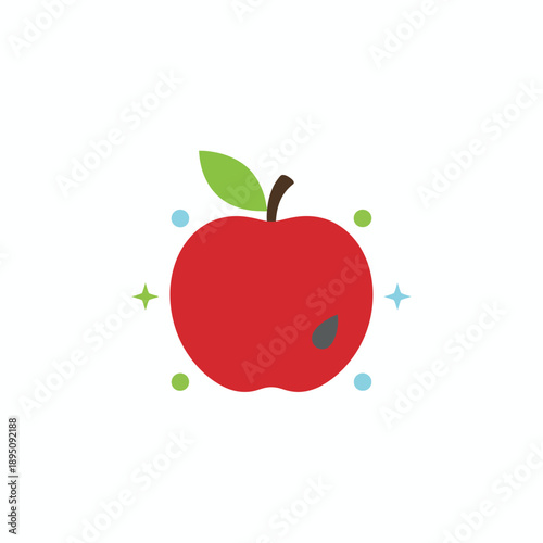 Stylized red apple with green leaf stem and surrounding sparklesdots