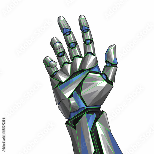 Stylized robotic hand illustration with angular silver and blue plating