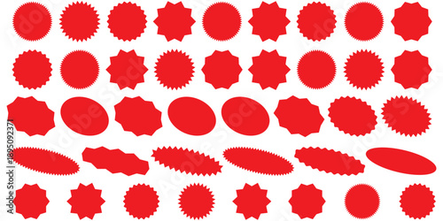 Set of red starburst, sunburst badges, Sale sticker, price tag, starburst icon set , Circle sticker set. Wavy edge promo red badges. Star burst shape tags for price. Red sale tag