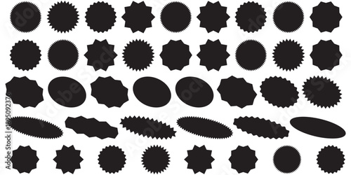 Set of red starburst, sunburst badges, Sale sticker, price tag, starburst icon set , Circle sticker set. Wavy edge promo red badges. Star burst shape tags for price. Red sale tag